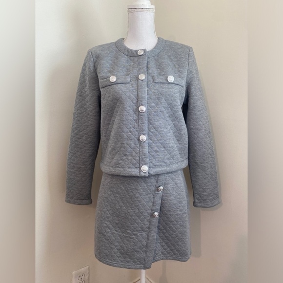 Aqua Two- Piece Set Quilted Cropped Jacket and Skirt Heather Gray Sz M - Picture 3 of 8